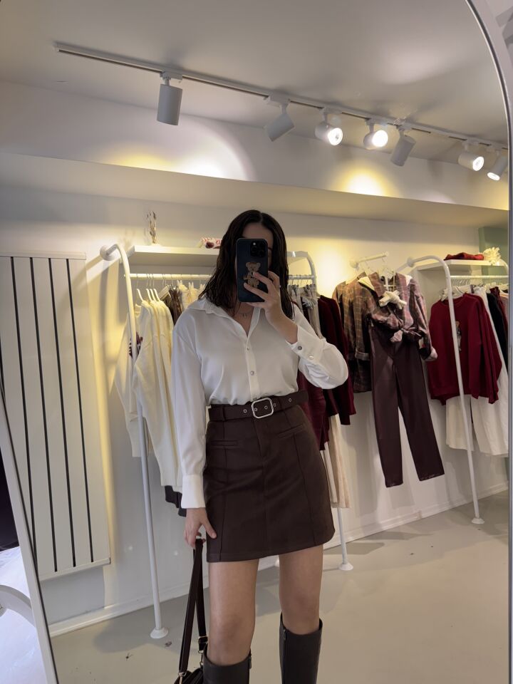 Kemerli Süet Etek Kahve