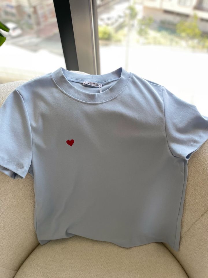 Dilvin Kalp Nakışlı Pamuklu Tshirt Bebe Mavi