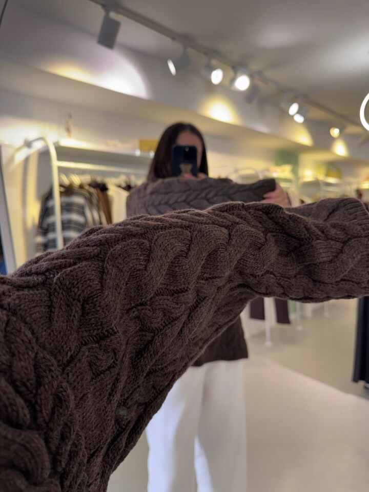 Saç Örgü Yakası Fermuarlı Kazak Kahve