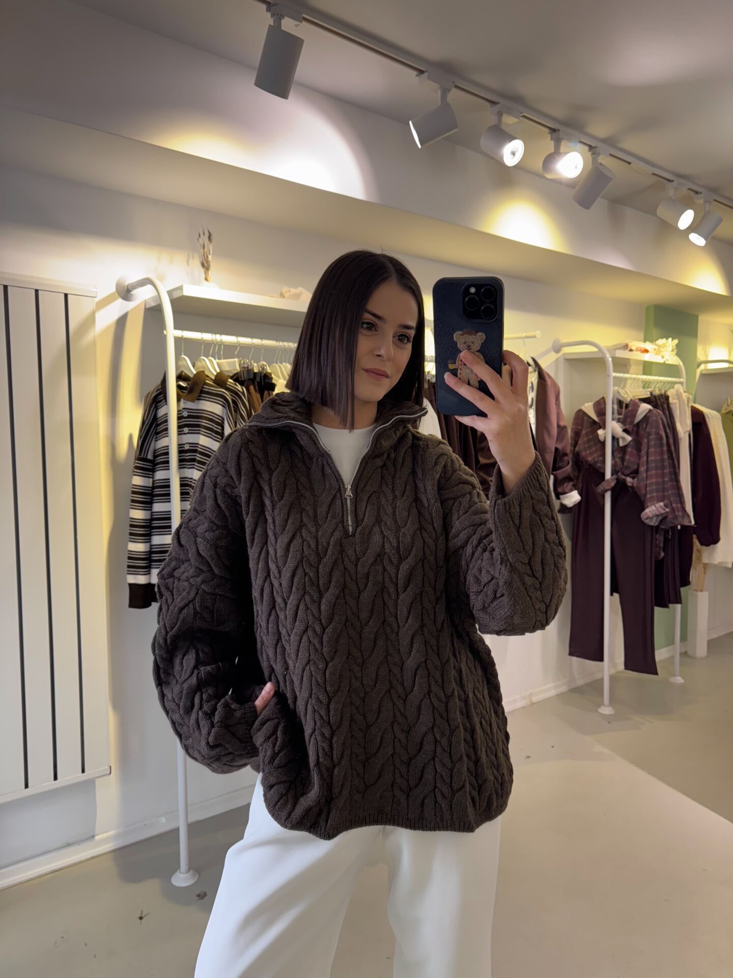 Saç Örgü Yakası Fermuarlı Kazak Kahve