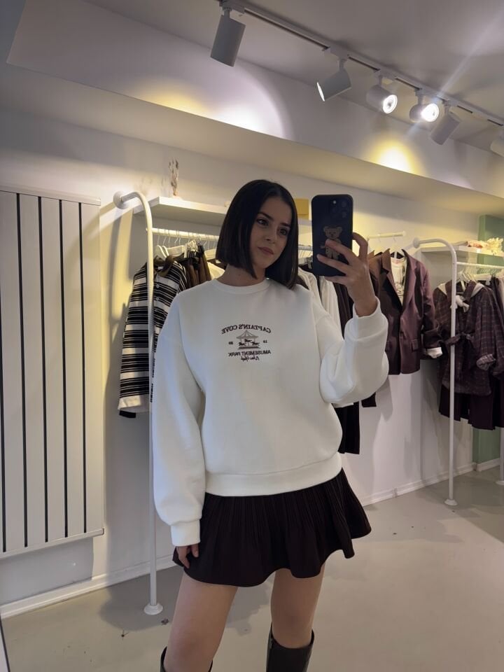 Nakışlı Sweatshirt Ekru