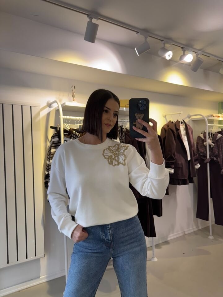 Nakışlı Sweatshirt Ekru
