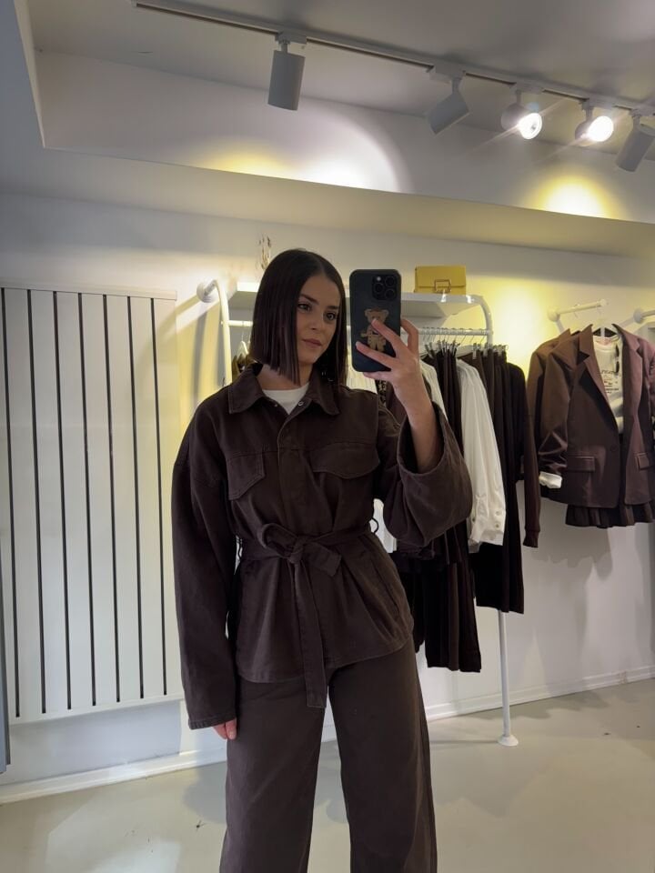 Kuşaklı Denim Takım Kahve