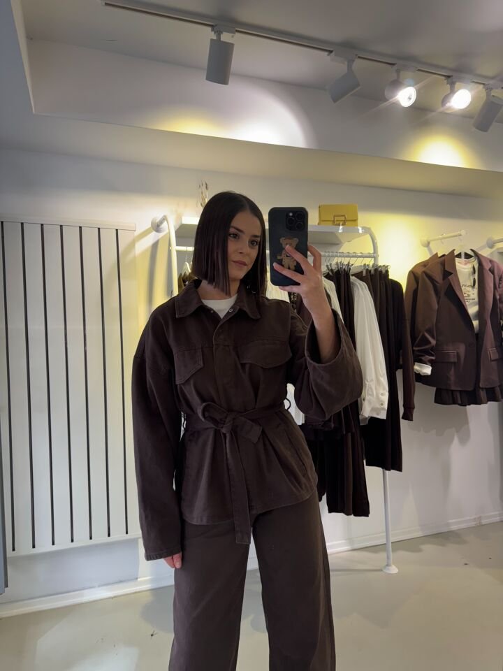 Kuşaklı Denim Takım Kahve