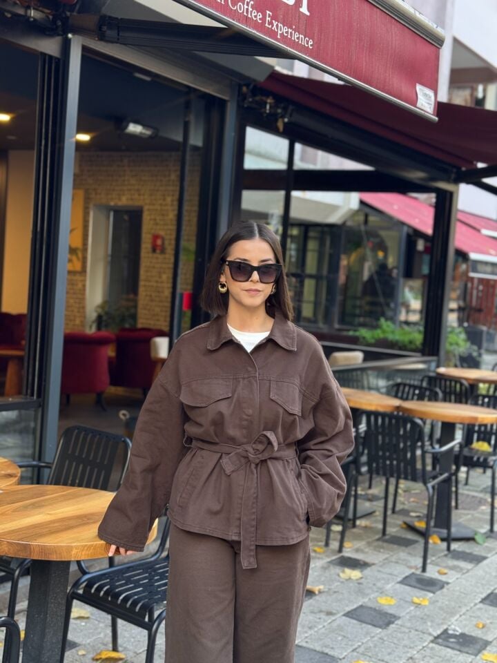 Kuşaklı Denim Takım Kahve