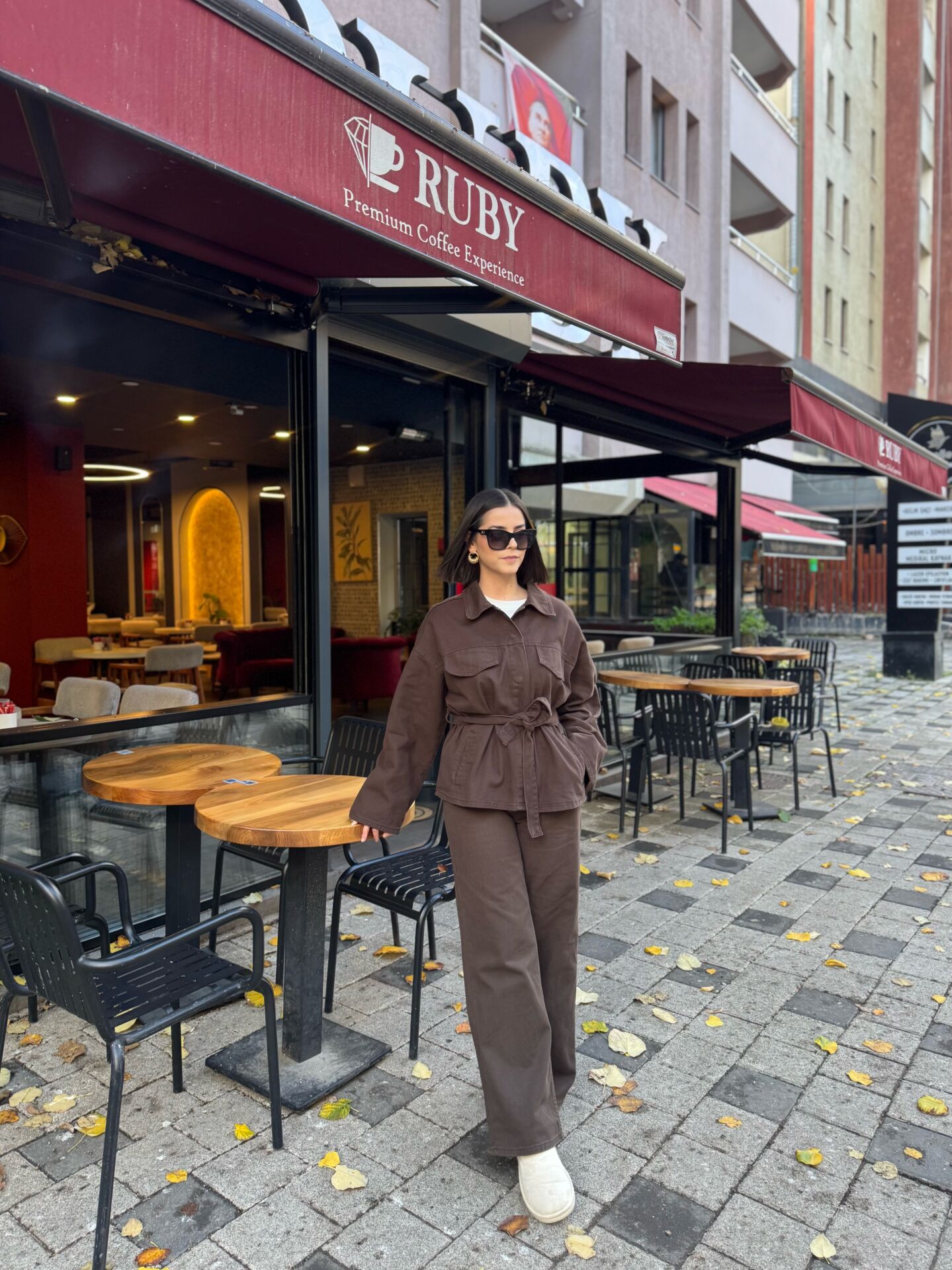 Kuşaklı Denim Takım Kahve