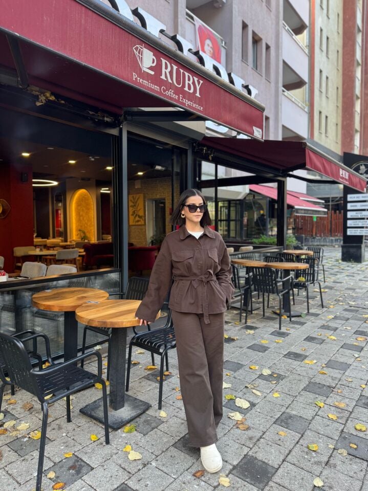 Kuşaklı Denim Takım Kahve