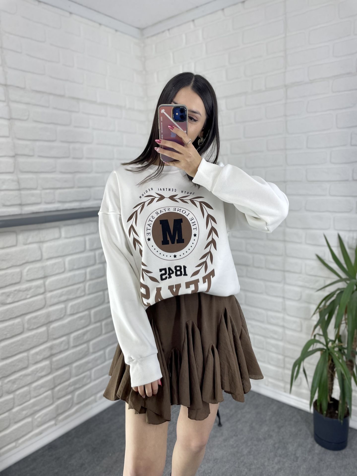 Kahverengi Baskılı Sweatshirt