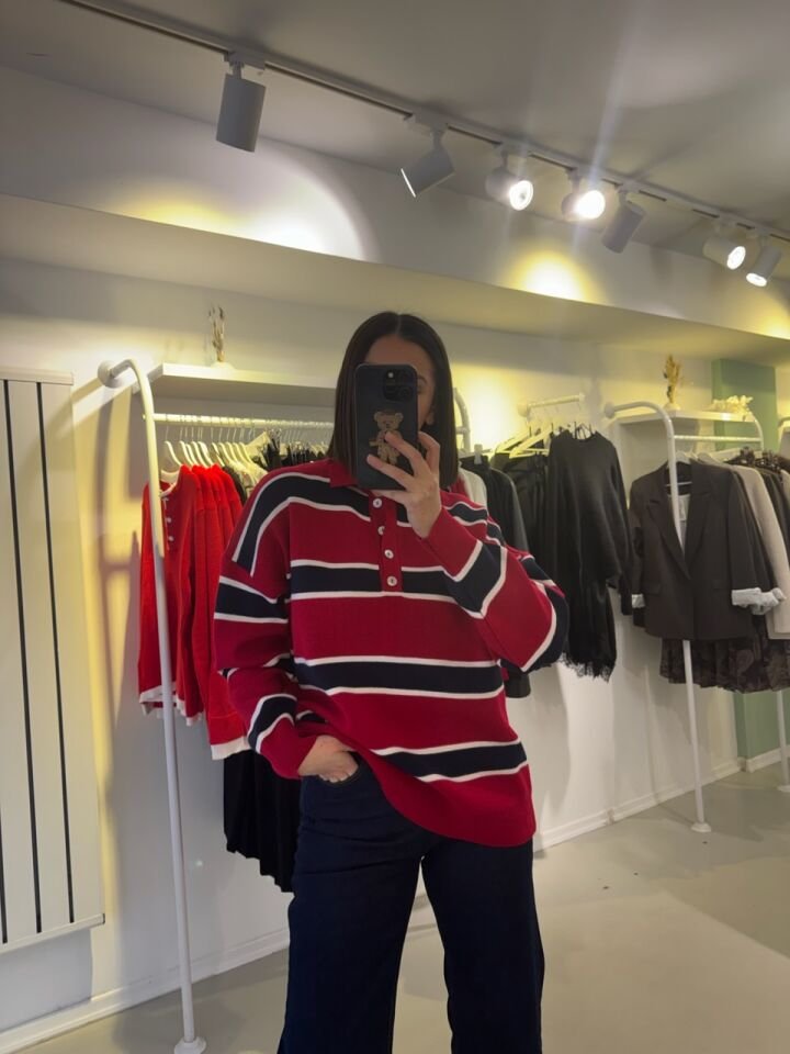 Polo Yaka Lacivert Kırmızı Çizgili Triko