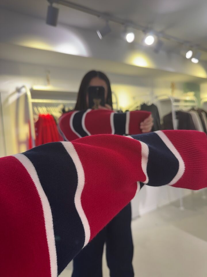 Polo Yaka Lacivert Kırmızı Çizgili Triko