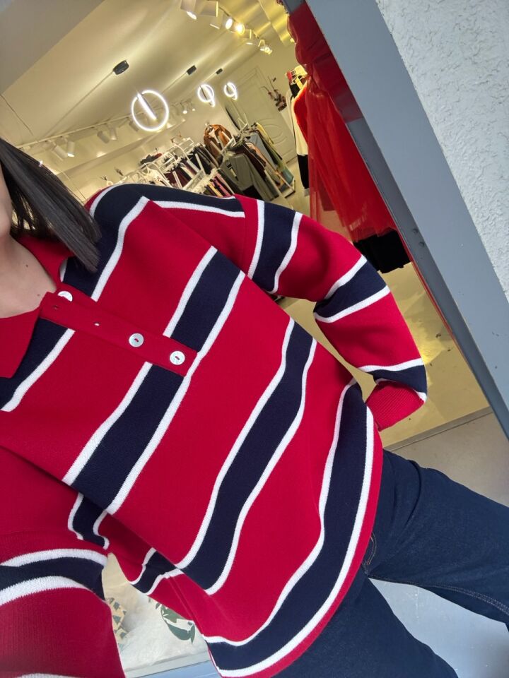 Polo Yaka Lacivert Kırmızı Çizgili Triko