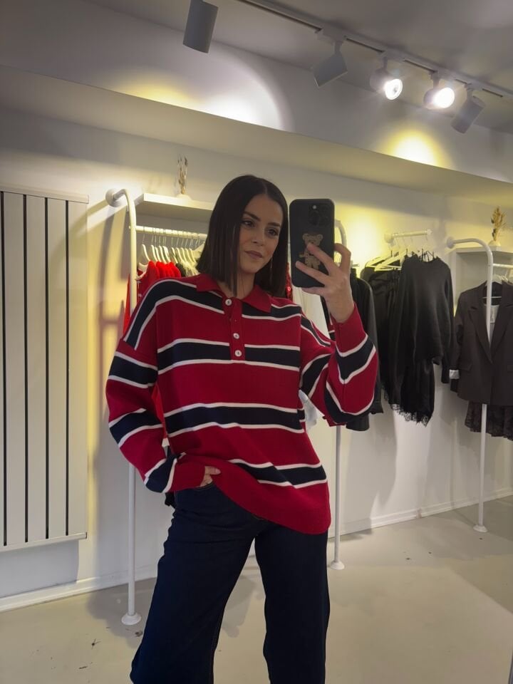 Polo Yaka Lacivert Kırmızı Çizgili Triko