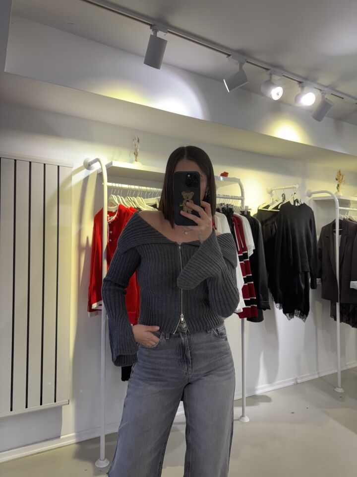 Madonna Yaka Çift Fermuarlı Triko Gri