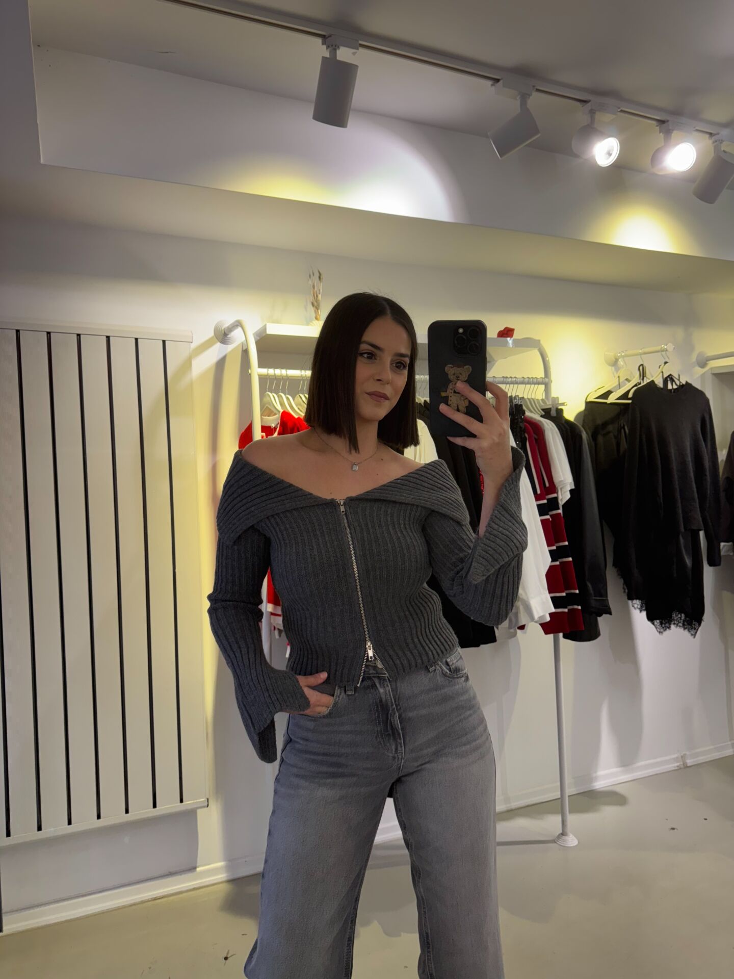 Madonna Yaka Çift Fermuarlı Triko Gri