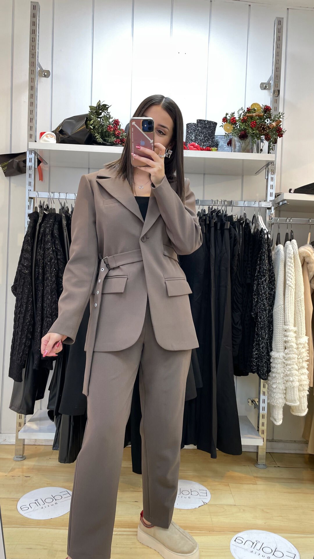 Kemerli Tasarım Blazer Ceket Pantolon Takım Kahverengi