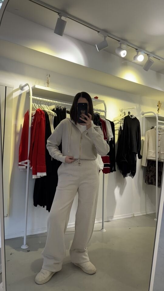 Fermuarlı Kapüşonlu Eşofman Takım Krem