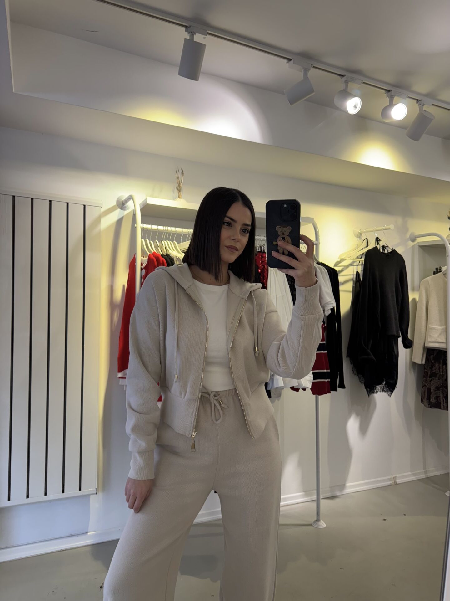 Fermuarlı Kapüşonlu Eşofman Takım Krem