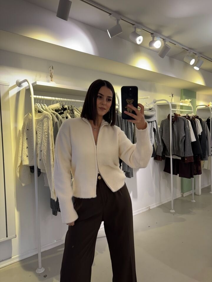 Çift Fermuarlı Yumoş Hırka Krem