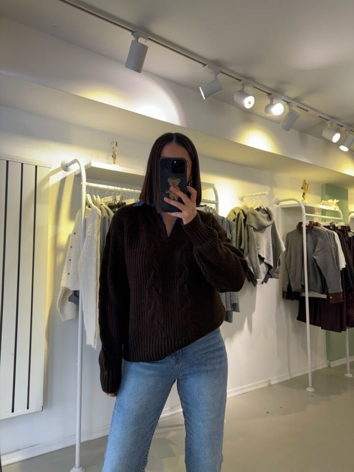 Yaka Kot Detaylı Triko Kahverengi