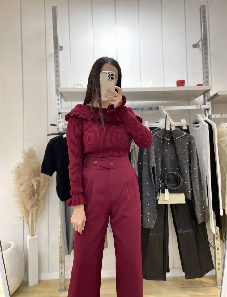 Kayık Yaka Triko Bordo