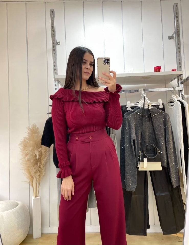 Kayık Yaka Triko Bordo