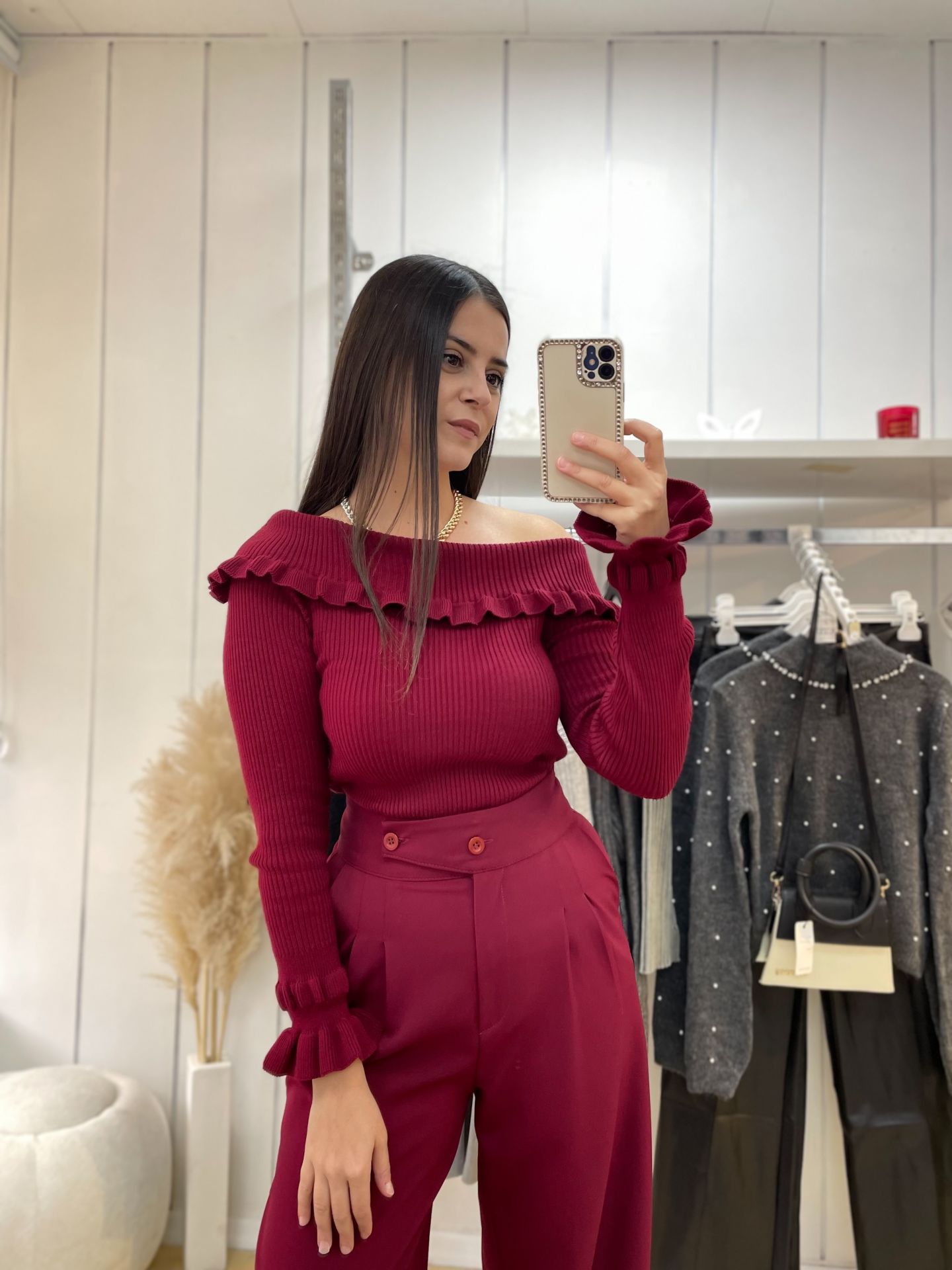 Kayık Yaka Triko Bordo