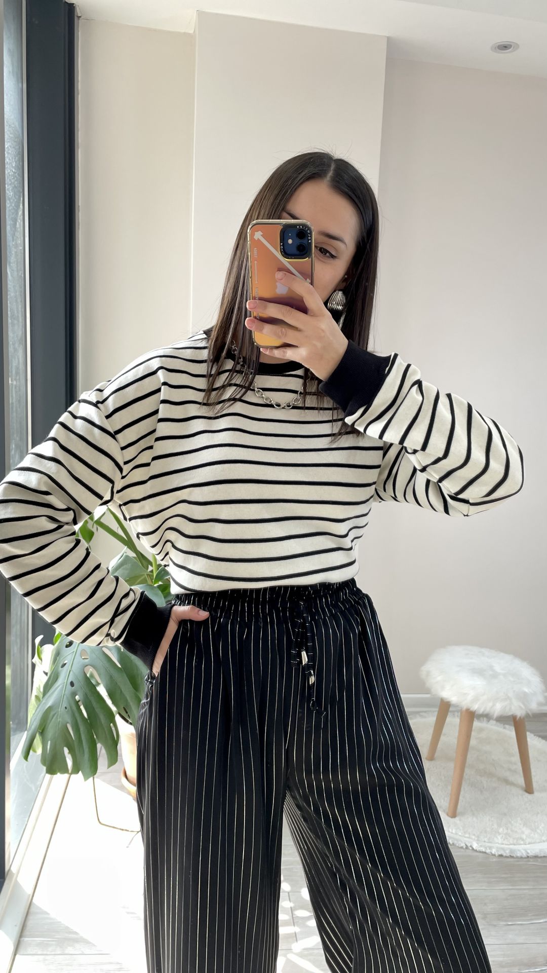 Çizgili Sweatshirt Ekru
