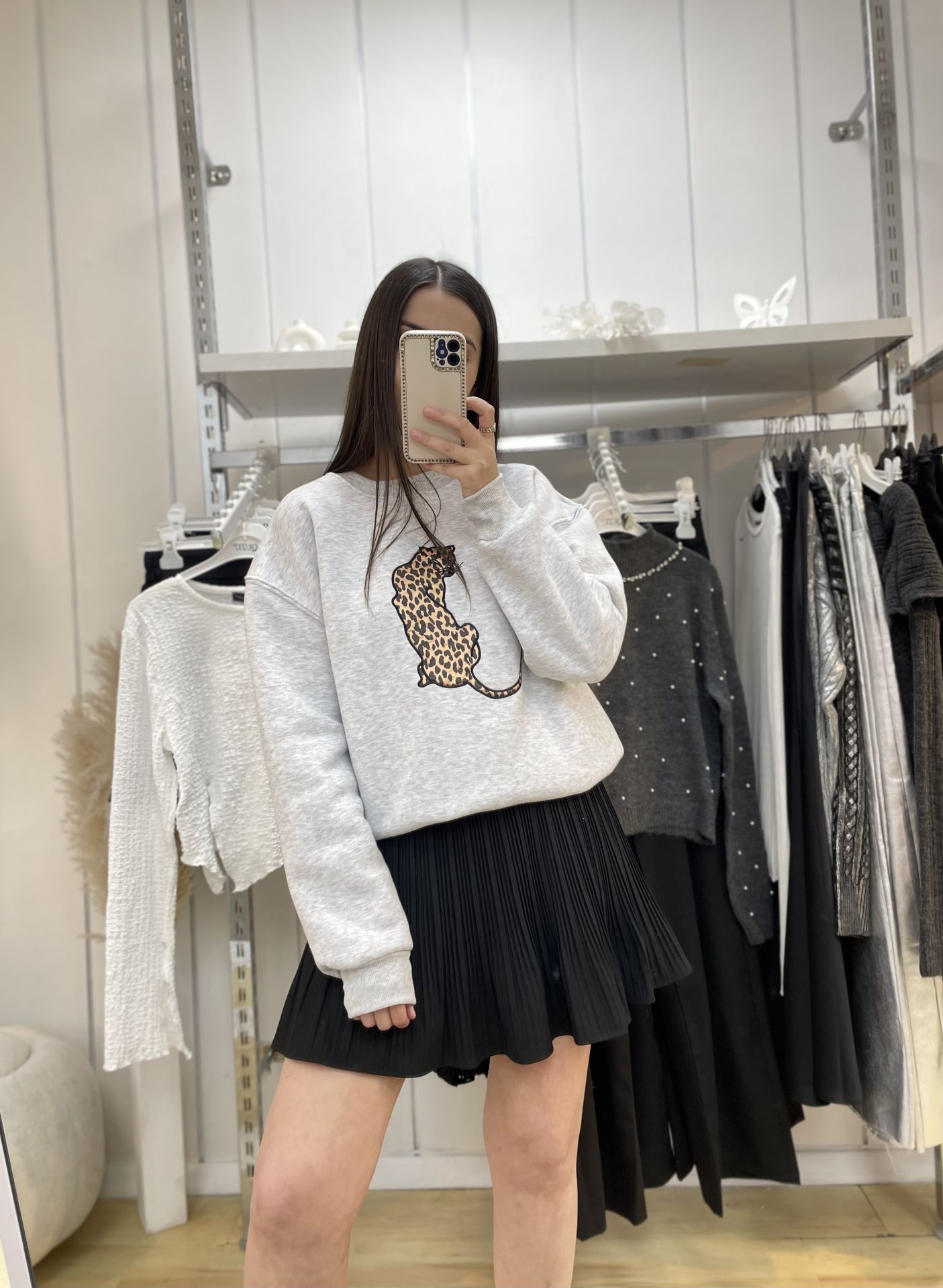 Leopar Nakışlı Sweatshirt Gri