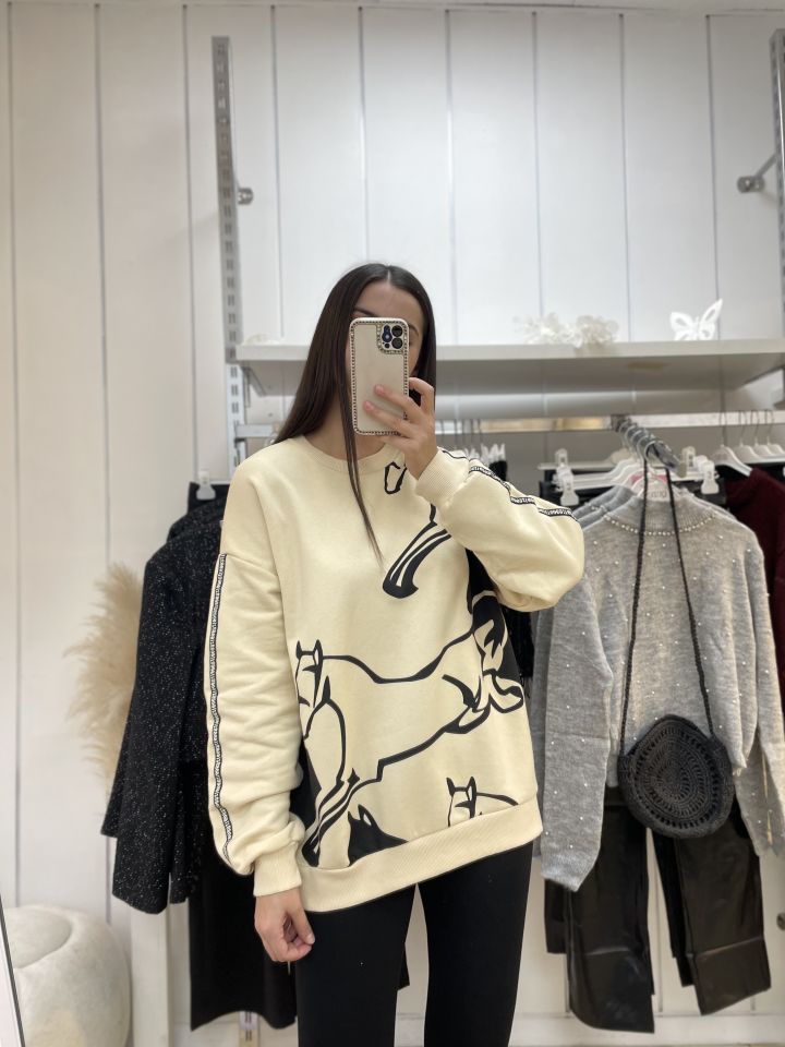 Desenli Sweatshirt Bej