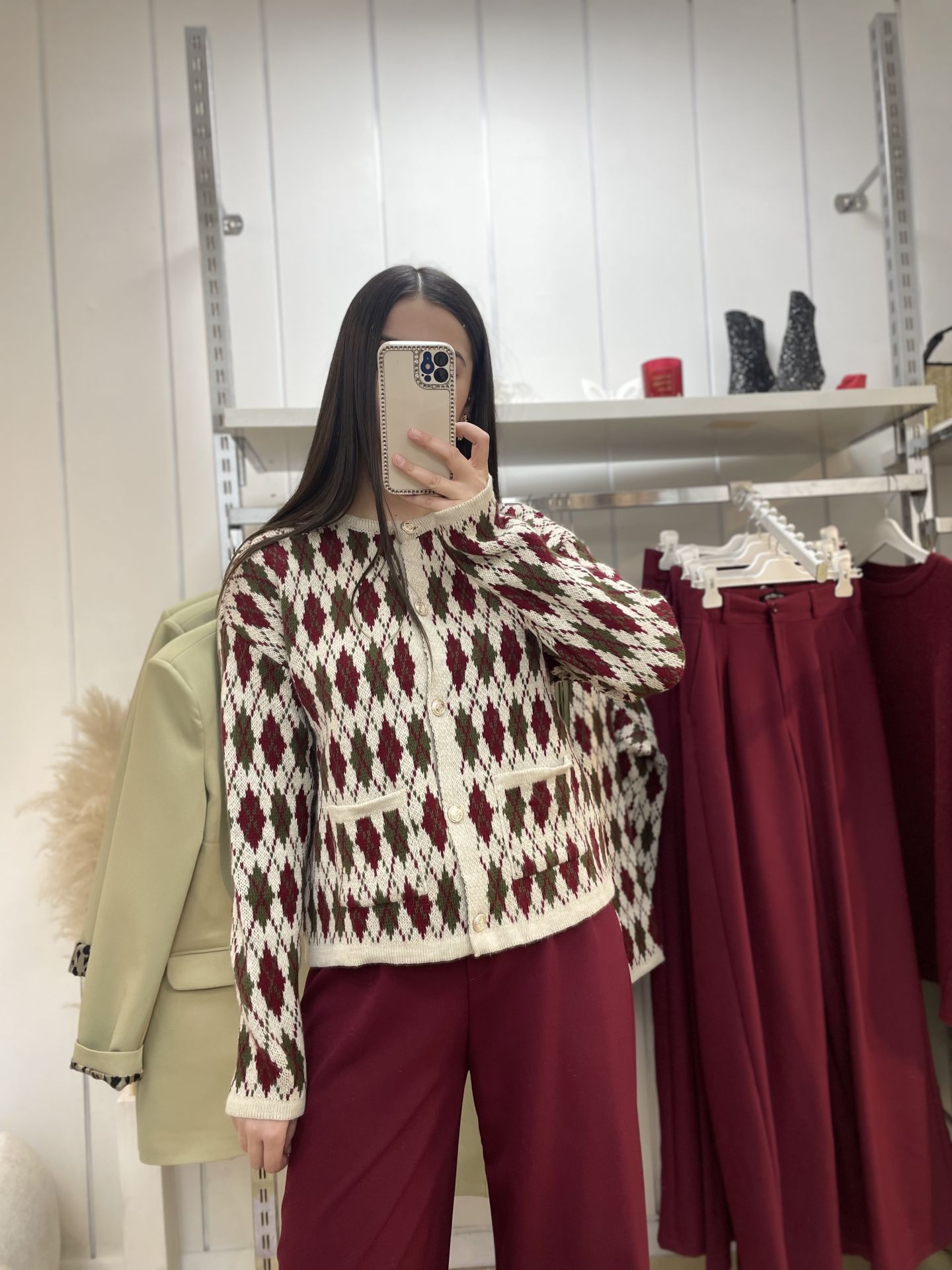 Baklava Desen Hırka Bordo Yeşil