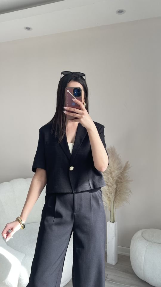 Keten Crop Ceket Siyah
