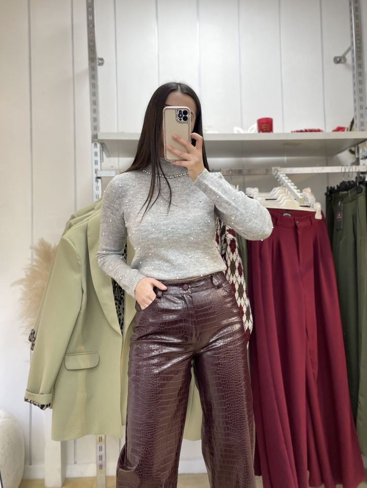 Dokulu Deri Pantolon Bordo