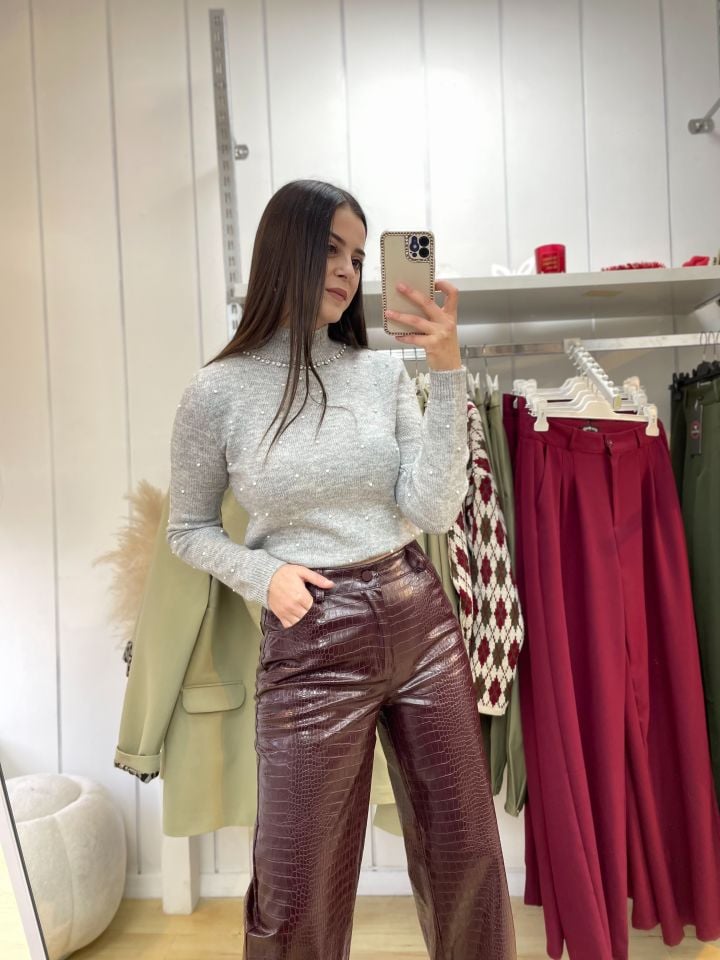 Dokulu Deri Pantolon Bordo