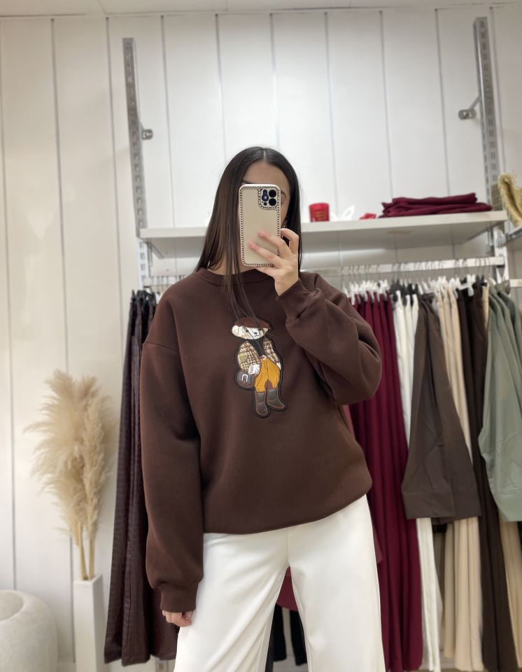 Nakışlı Sweatshirt Acı Kahve