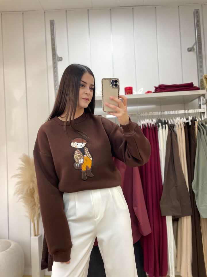 Nakışlı Sweatshirt Acı Kahve