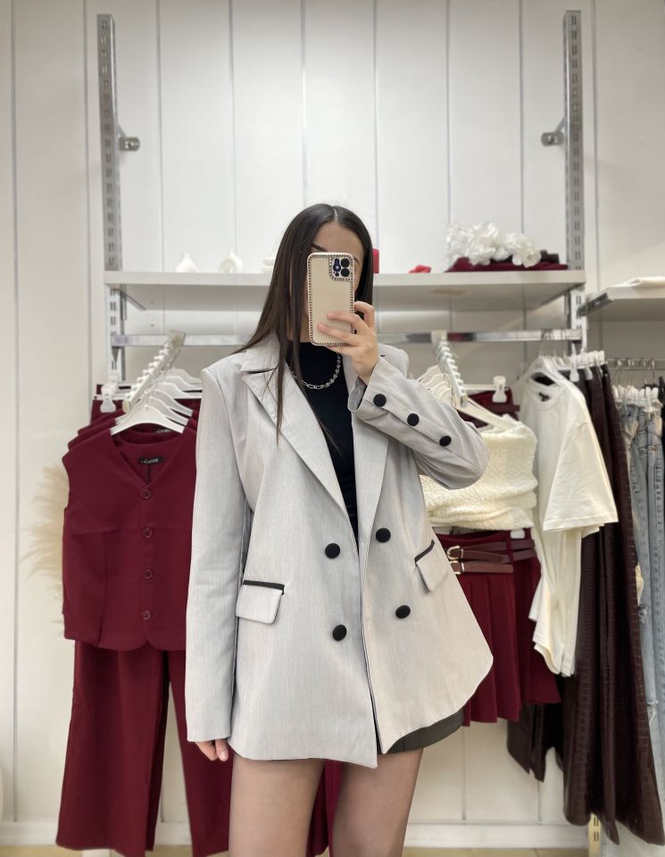 Kaplama Düğmeli Ceket Gri