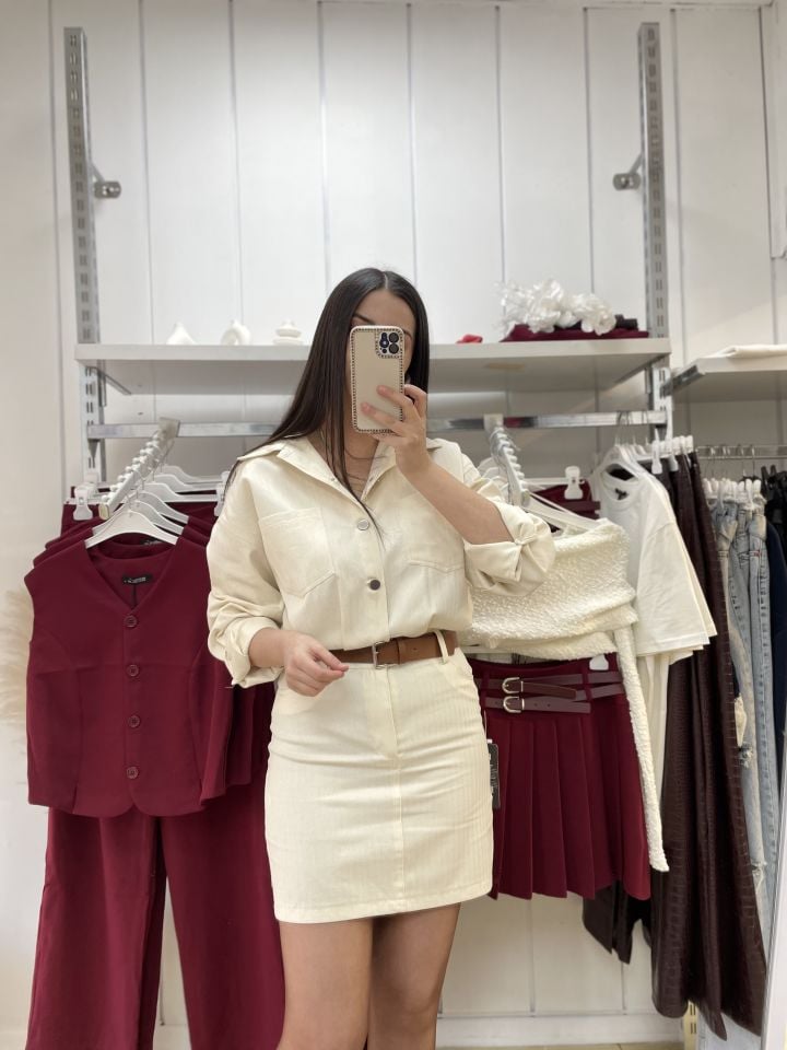 Kemerli Düğmeli Denim Elbise Bej