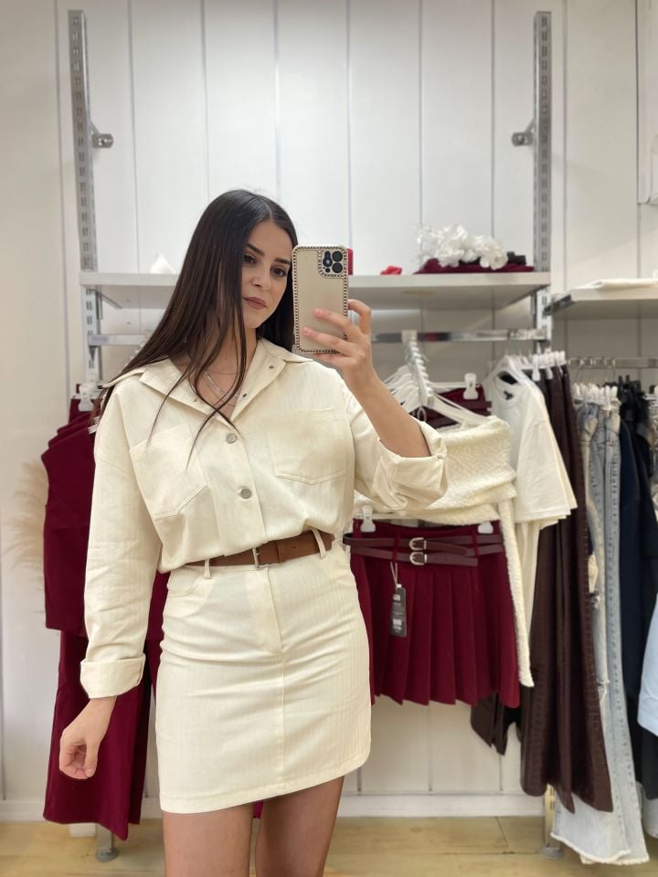 Kemerli Düğmeli Denim Elbise Bej