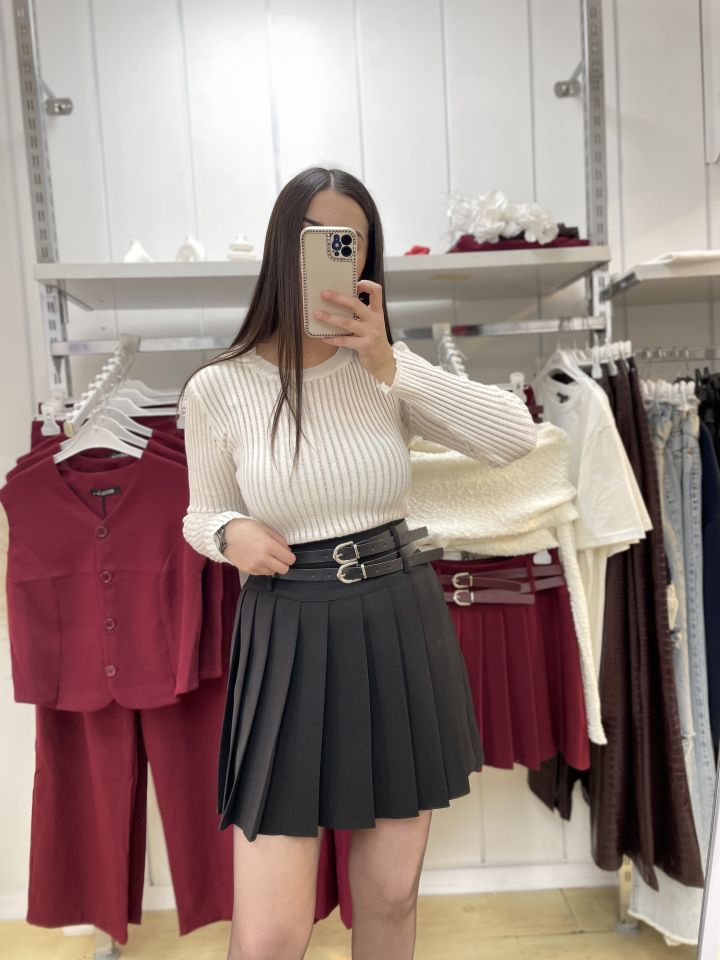 Çift Kemerli Piliseli Etek Siyah