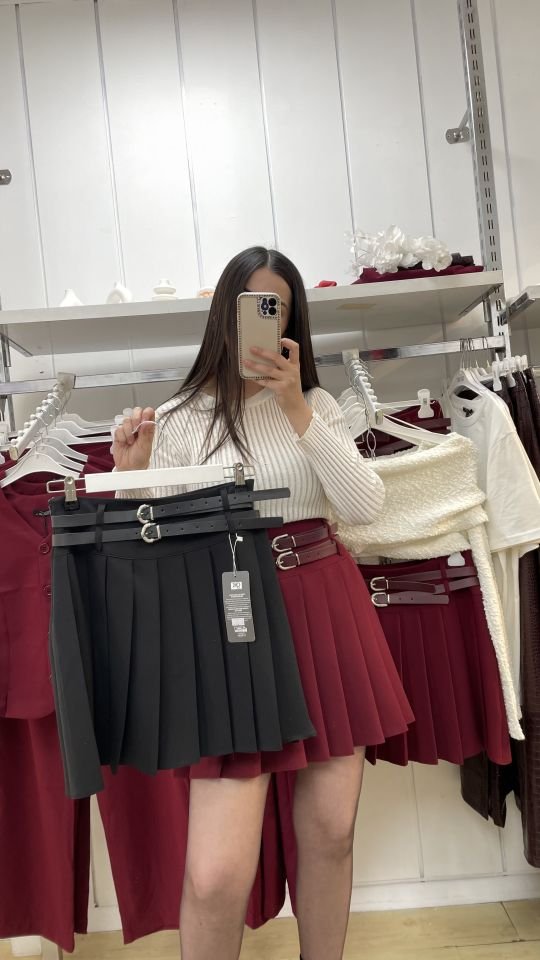 Çift Kemerli Piliseli Etek Bordo