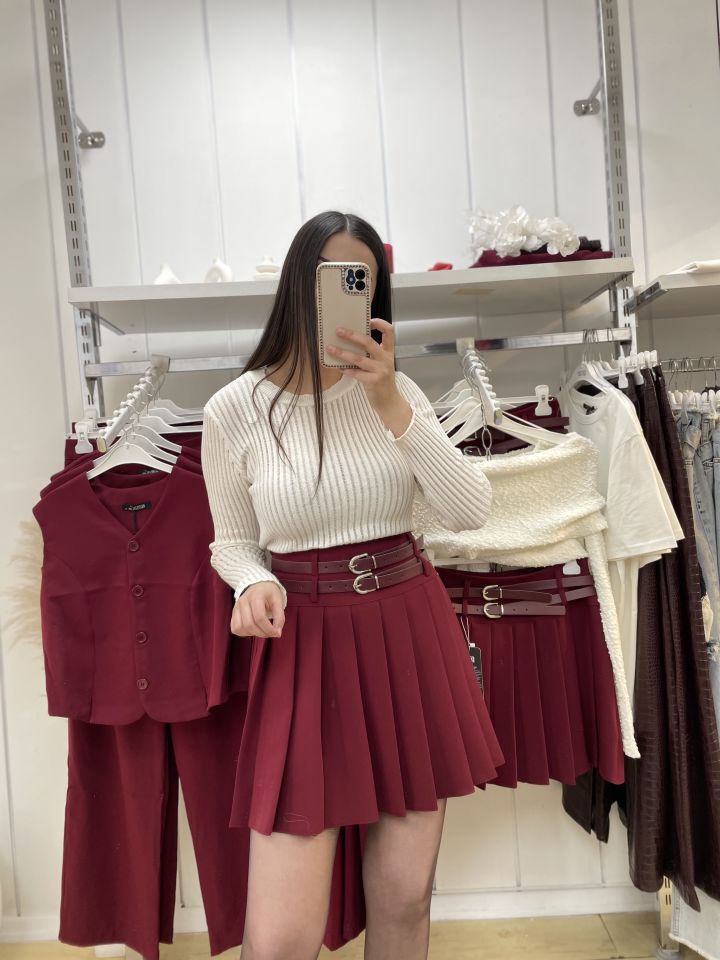 Çift Kemerli Piliseli Etek Bordo