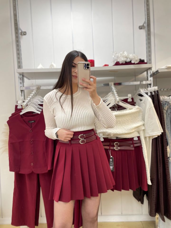 Çift Kemerli Piliseli Etek Bordo