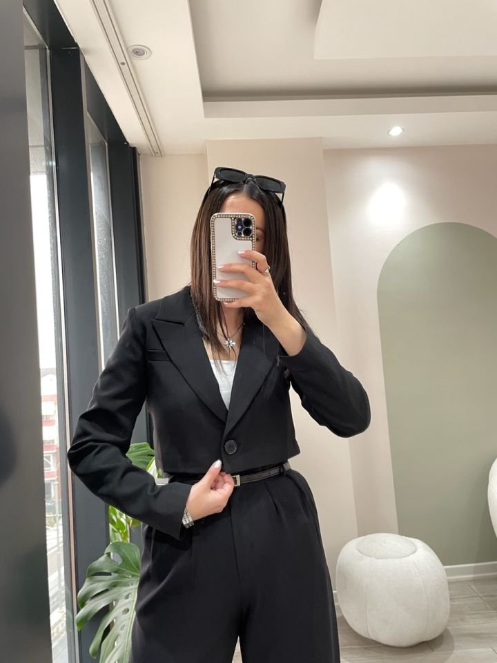 Bel Detay Pantolon ve Ceket Takım Siyah